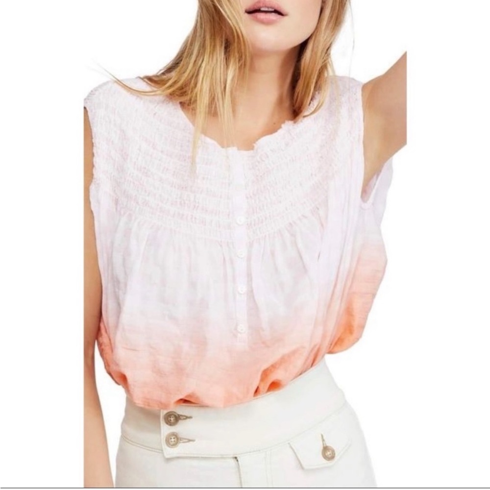 Free People Women's Orange Pink Ombre Smocked Sleeveless Top Size Small